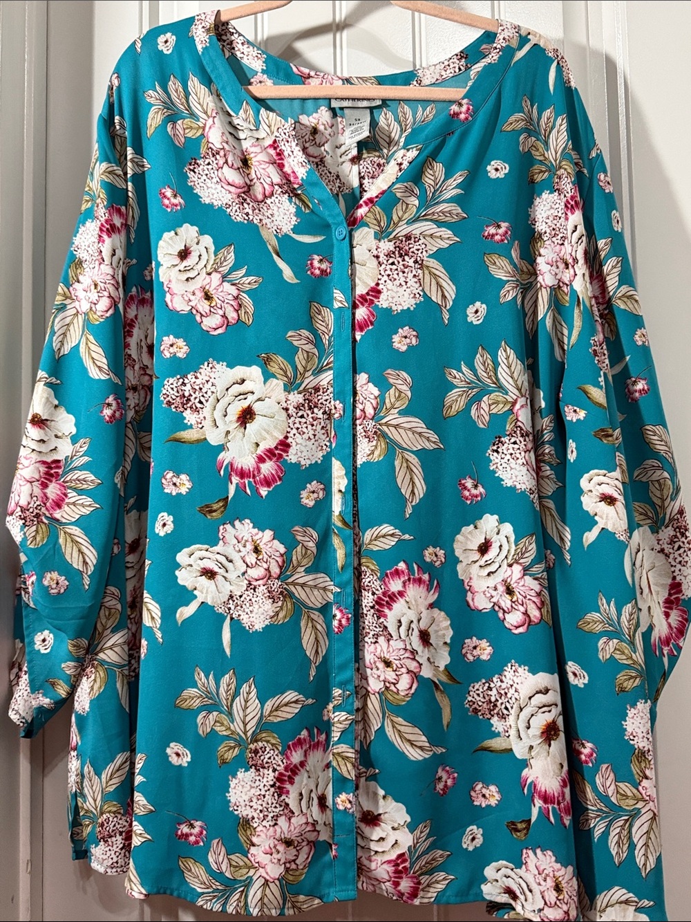 Catherines Teal Floral Button-Front Blouse